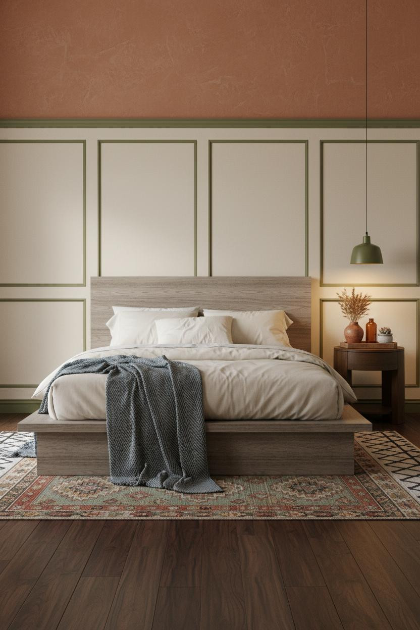Earth Tone Green Bedroom Wainscoting Terracotta