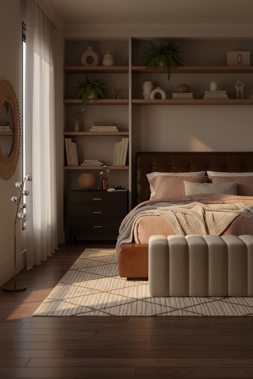 Earthy Luxury Bedroom Botanical Shelves