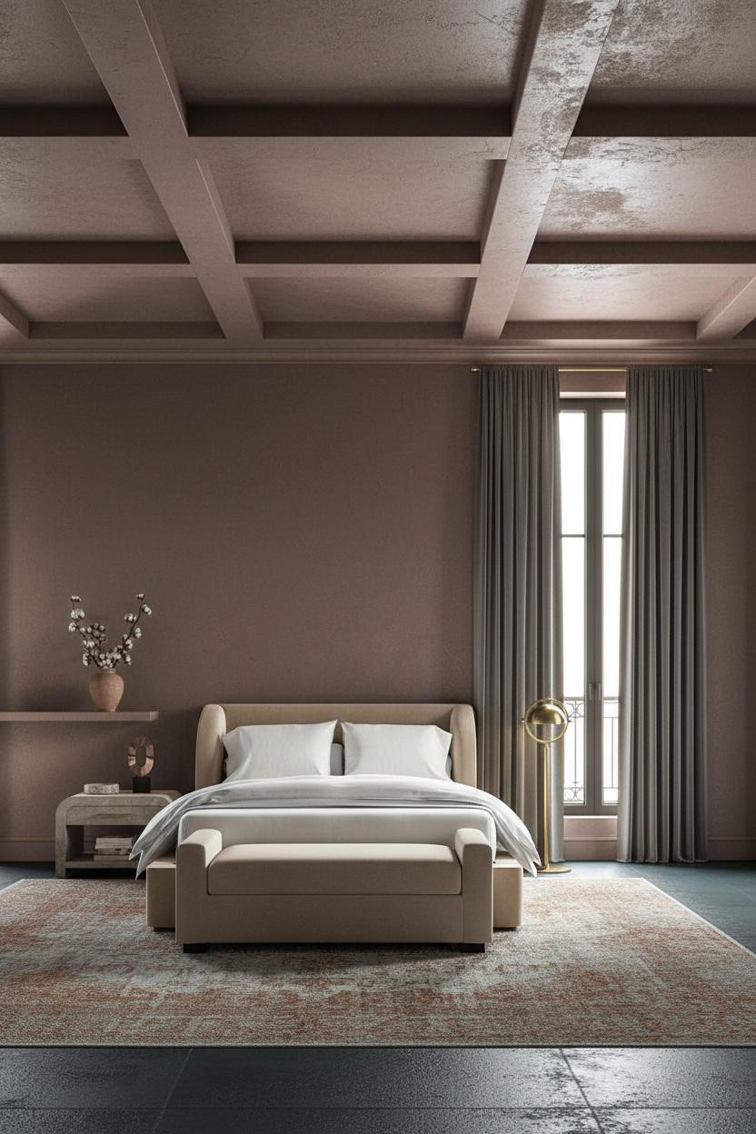 Earthy Luxury Bedroom Dark Coffered Ceiling