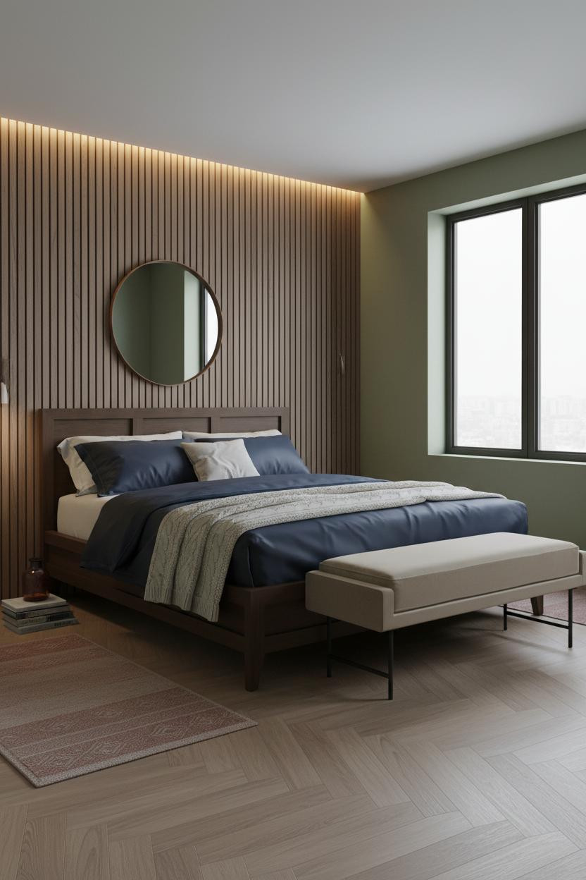 Earthy Luxury Bedroom Japandi Walnut Paneling