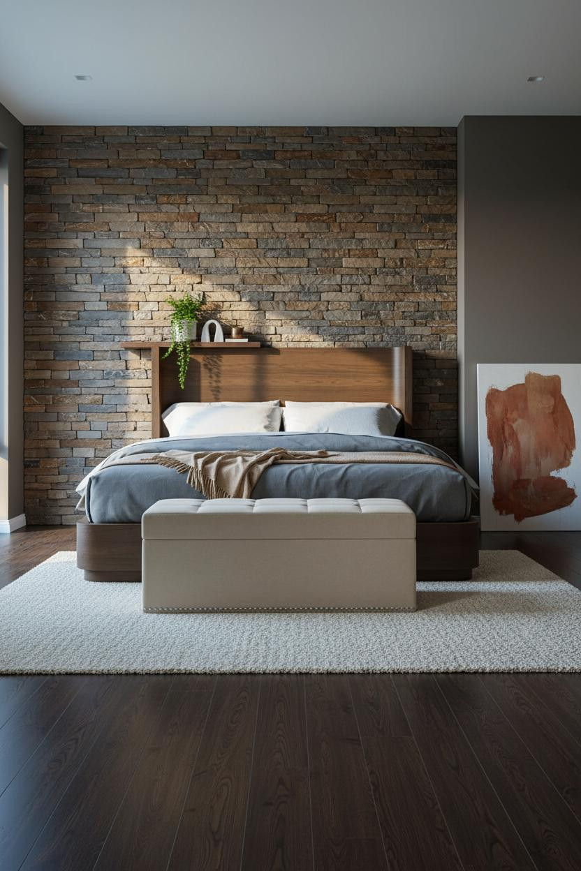 Earthy Luxury Bedroom Stone Wall