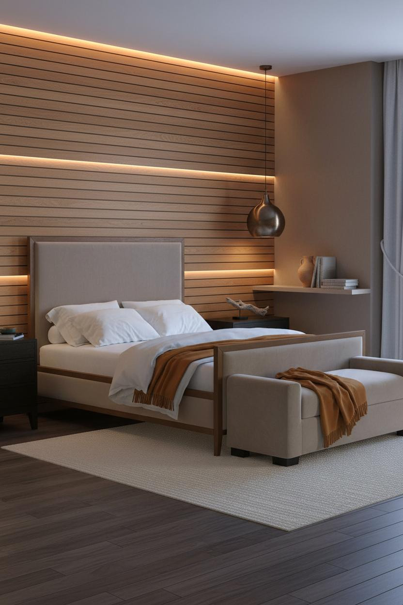 Earthy Luxury Bedroom Warm Oak Accent Wall
