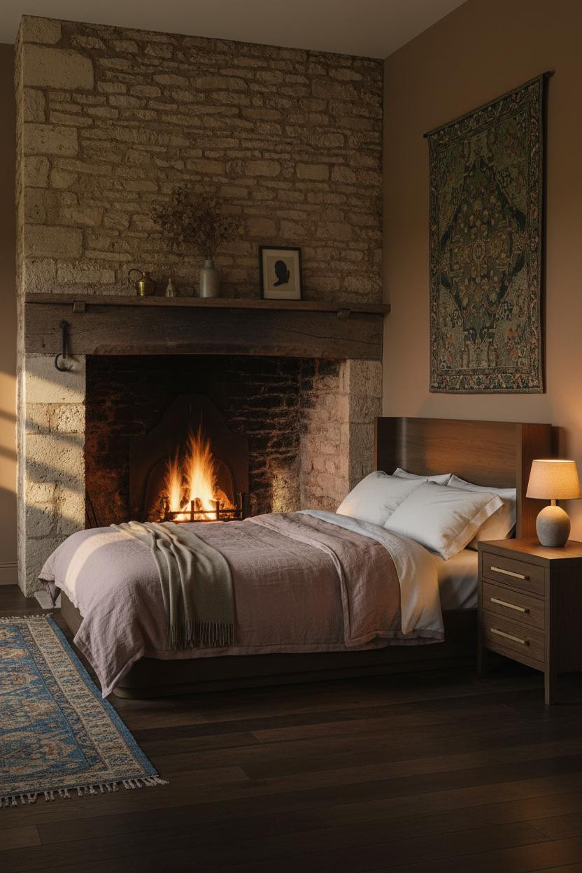 English Cottage Bedroom Fireplace Amber Lighting