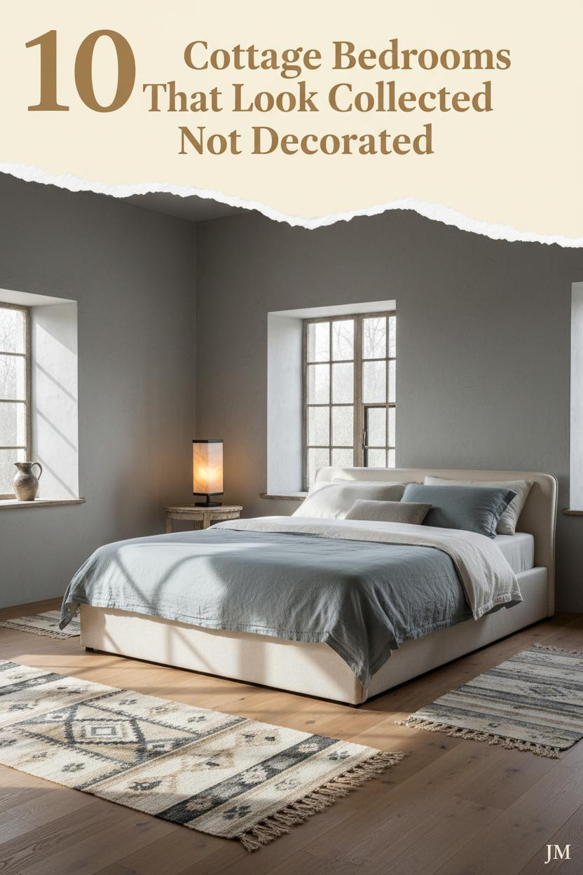 Cosy cottage bedroom with dove grey limewash walls, mullioned windows, layered cream and dusty blue linen bedding, warm amber lamp glow