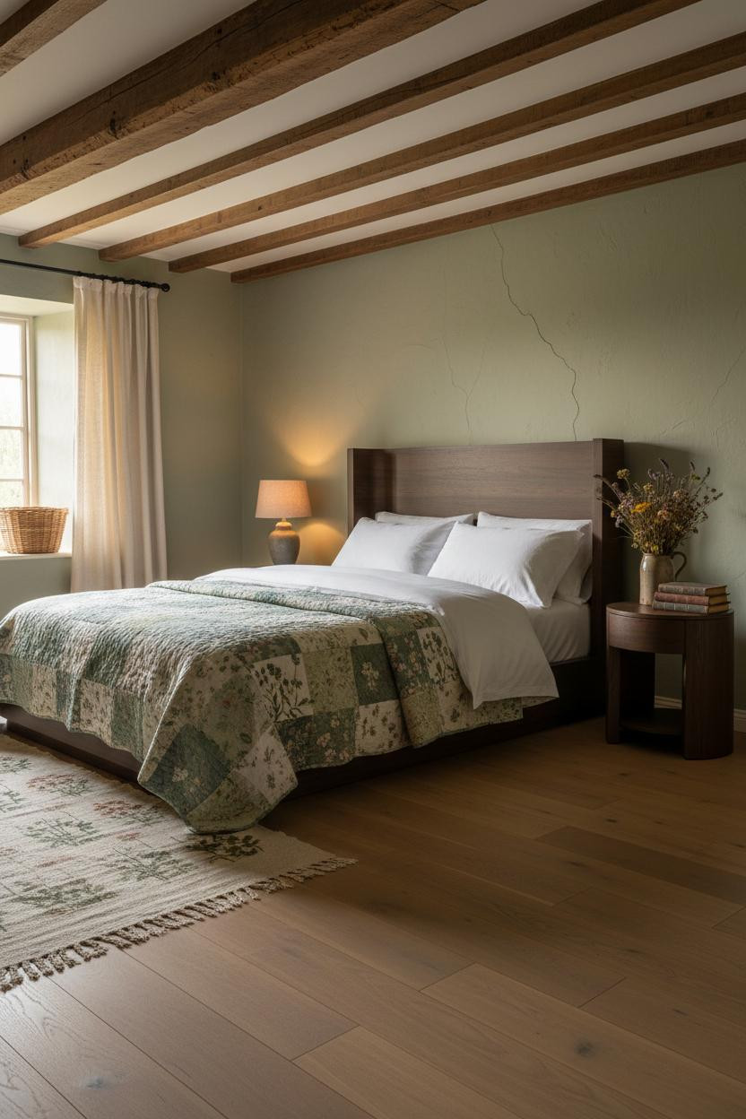 English Cottage Bedroom Sage Walls Oak Beams