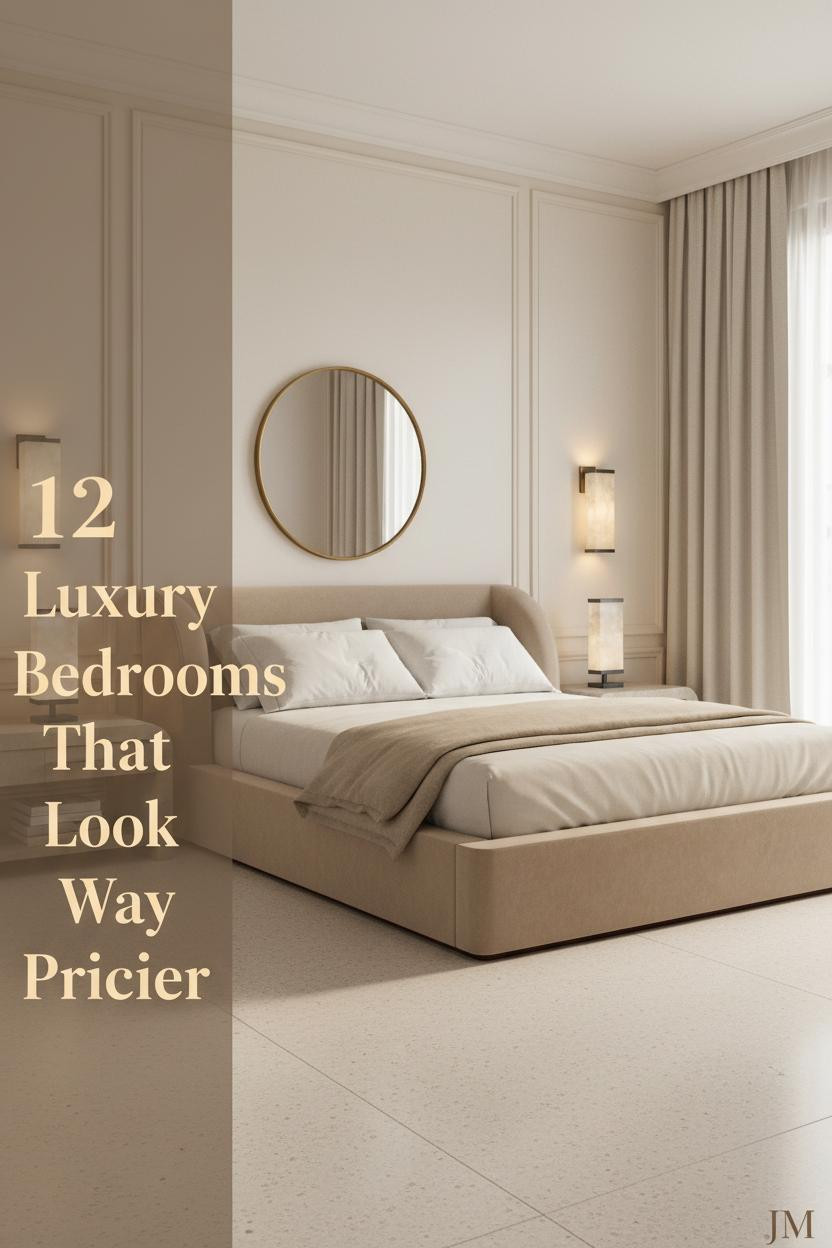 Ultra luxury master bedroom with ivory lacquered walls, brass sconces, cream wool bedding, linen drapes, and pale terrazzo floors
