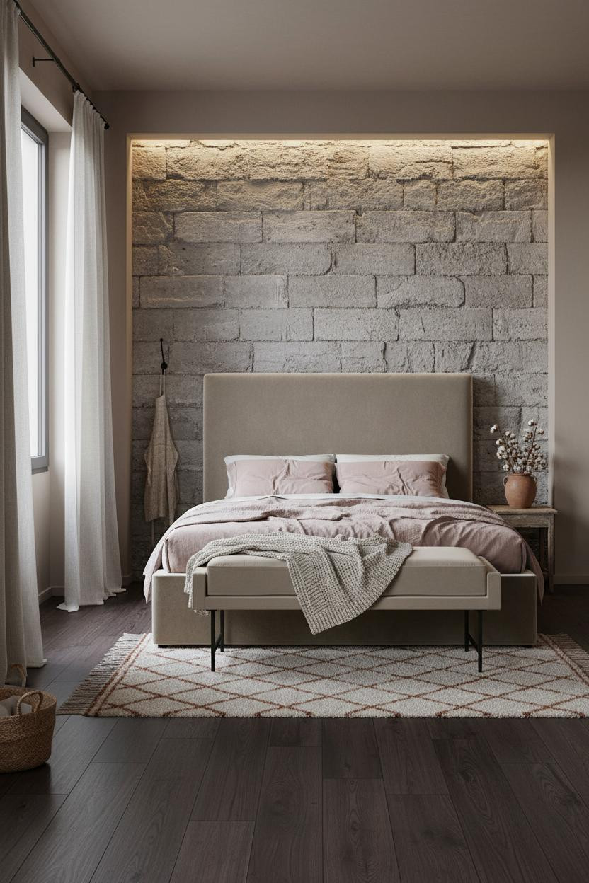 Farmhouse Shabby Chic Bedroom Stone Accent