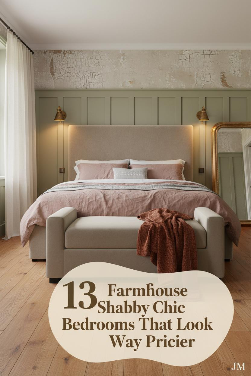 Farmhouse shabby chic bedroom with sage board-and-batten wall, dusty rose linen bedding, gilt mirror, and warm amber oak floors