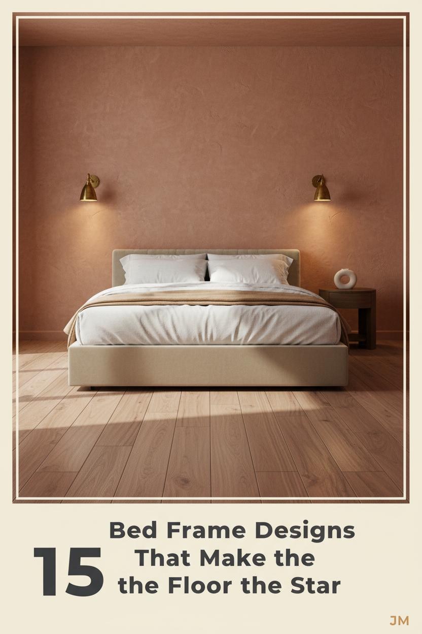 Floating platform bed frame on warm walnut floors, terracotta plaster walls, aged brass sconces, stone-washed linen bedding, camel wool throw
