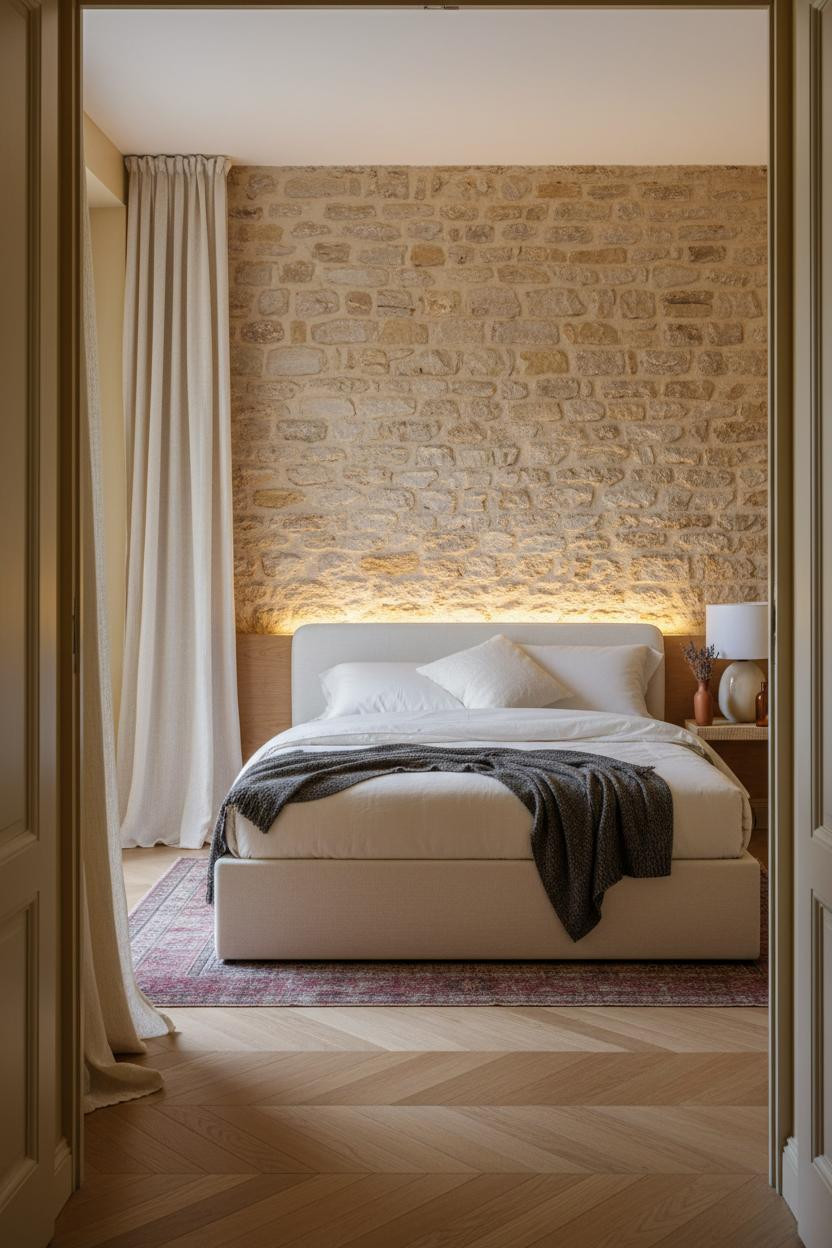 French Bedroom Stone Accent Wall With Lamp