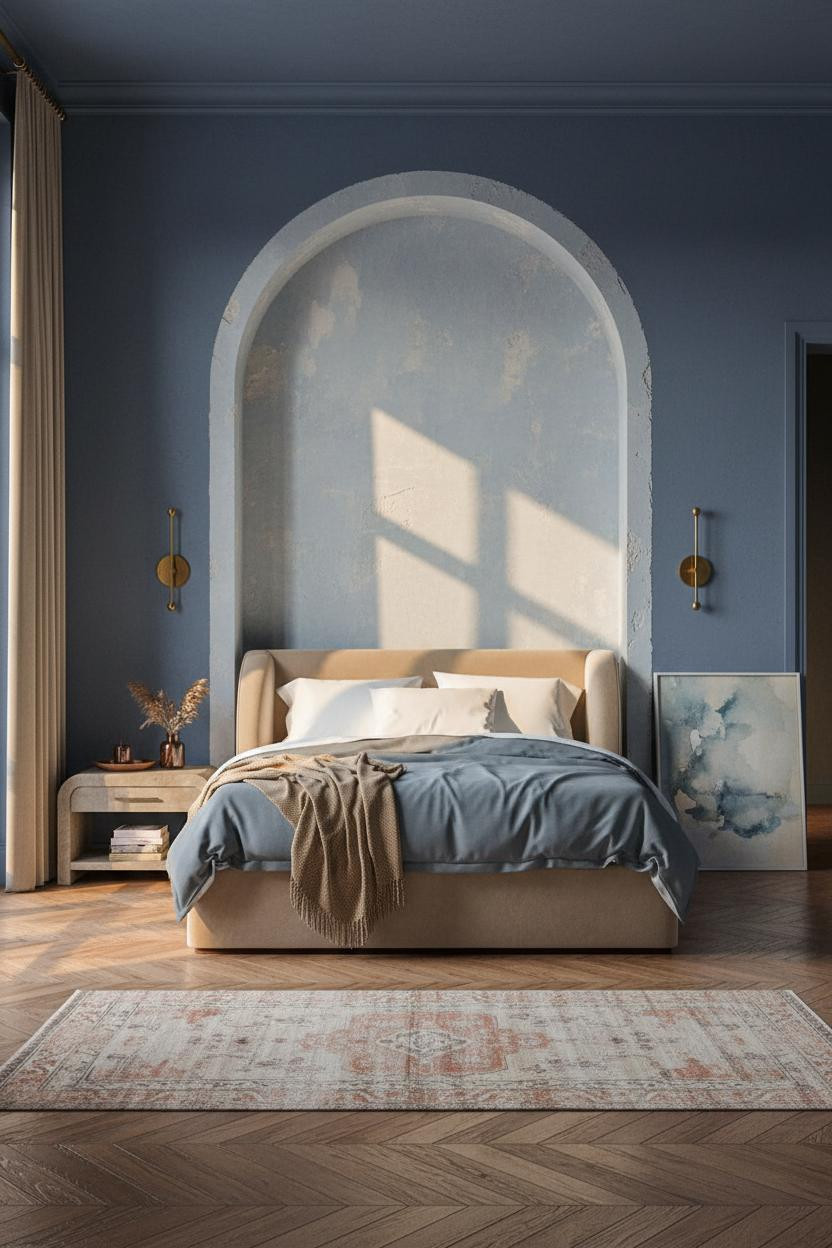 French Blue Bedroom Alcove Brass Sconces