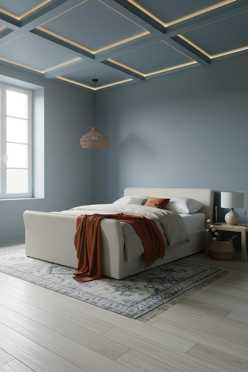 French Blue Bedroom Soft Cottage Coffered Ceiling