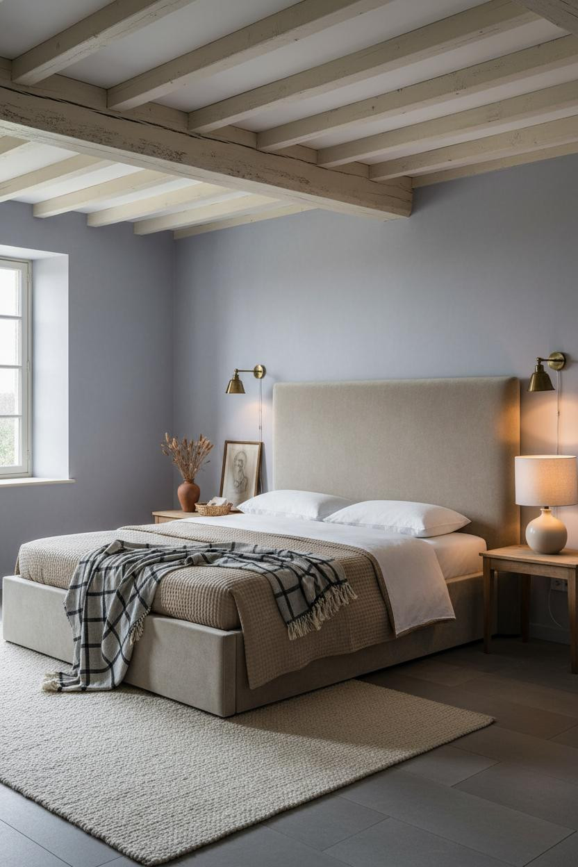 French Blue Bedroom Soft Wisteria Walls Exposed Beams