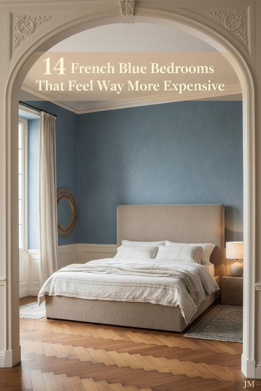 Dusty French blue limewash plaster walls, ivory linen bedding, chestnut herringbone parquet floor, rattan mirror, and cream linen curtains in a soft cottage bedroom