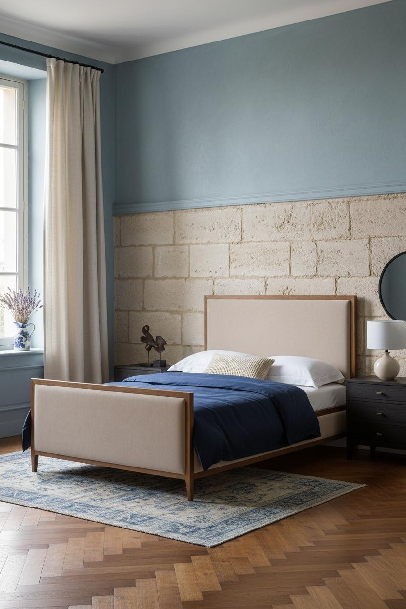 French Blue Bedroom Limestone Wainscoting