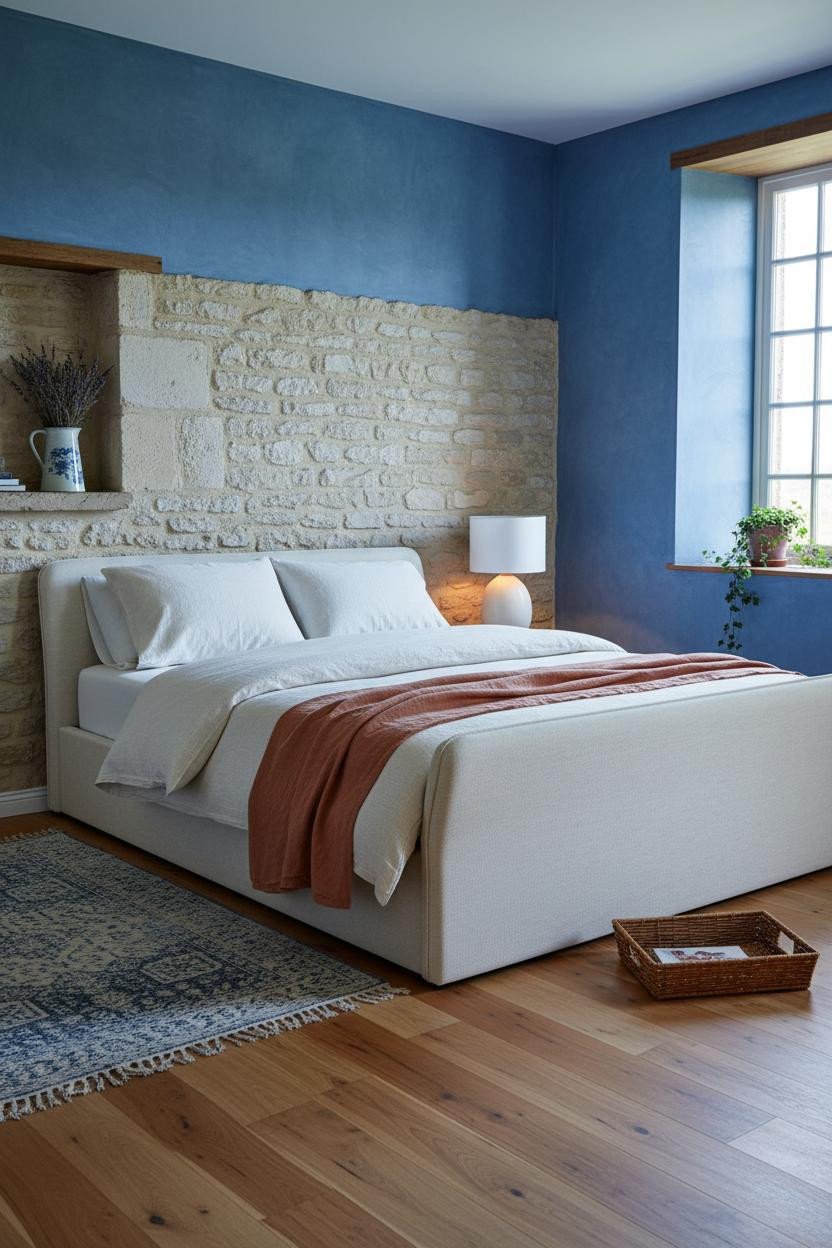 French Blue Bedroom Stone Wainscoting Cottage