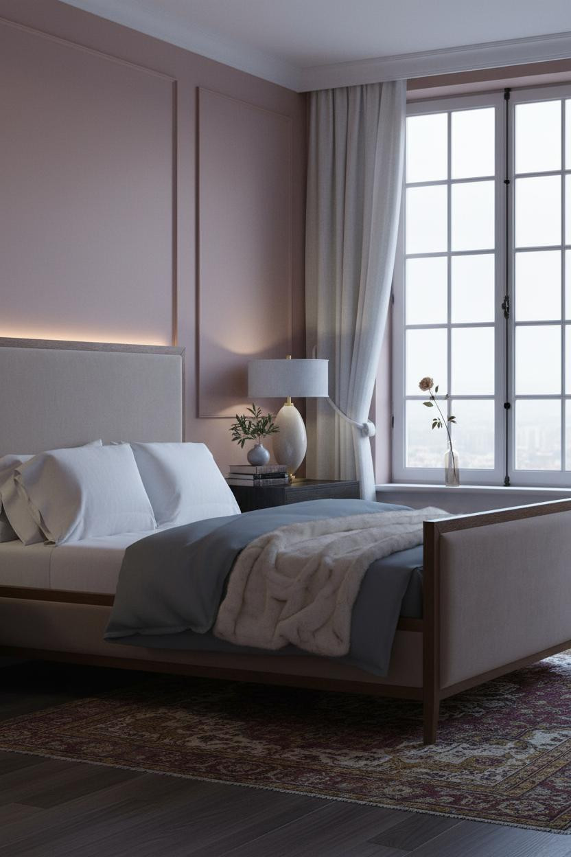 French Classic Bedroom With Dusty Rose Walls and Sash Window