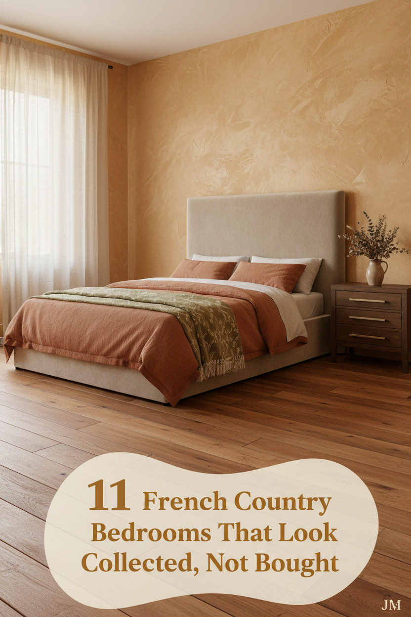 French country bedroom with honey-amber limewash walls, reclaimed wood floors, stone-washed linen duvet, and dried botanicals on a ceramic nightstand
