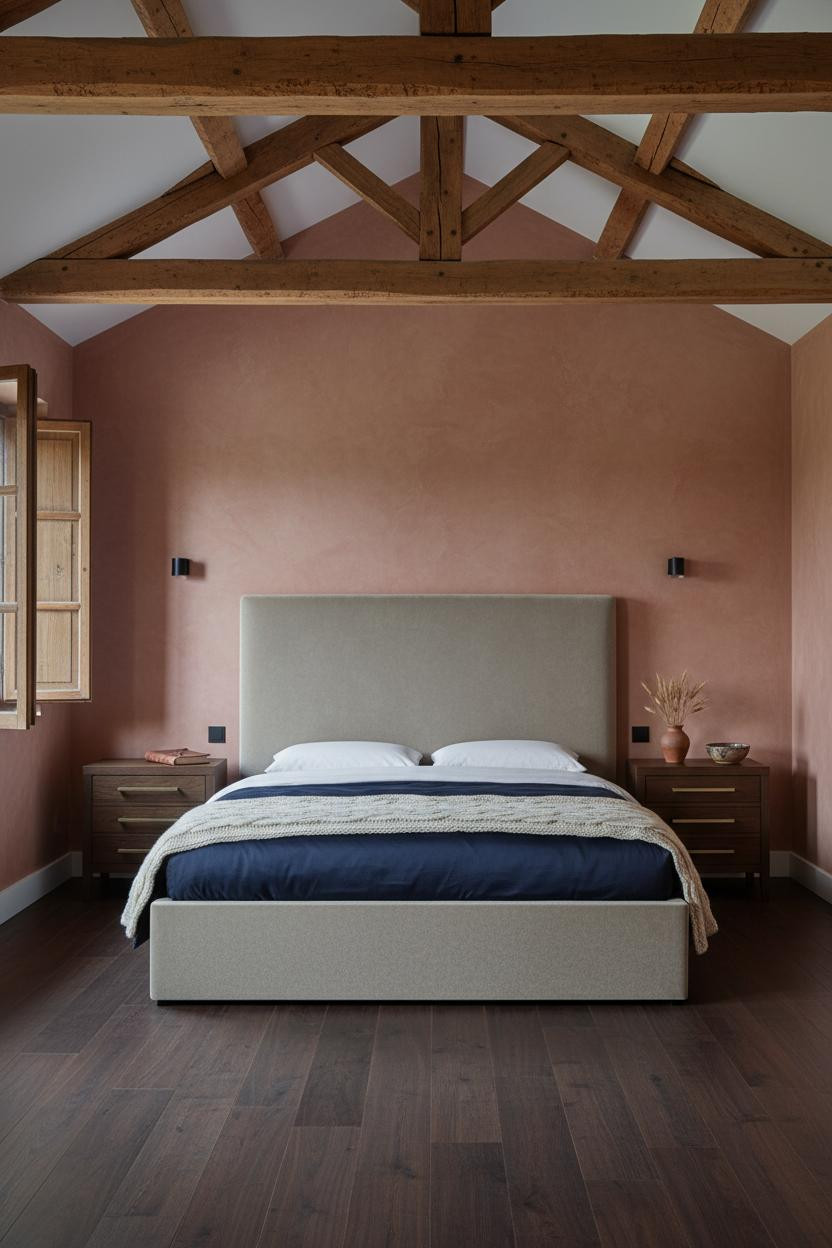 French Country Bedroom Wooden Beams Terracotta