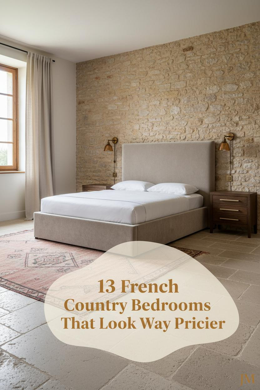 French countryside bedroom with lime-washed stone wall, timber casement window, linen curtains, faded rose rug, and warm amber sconce lighting