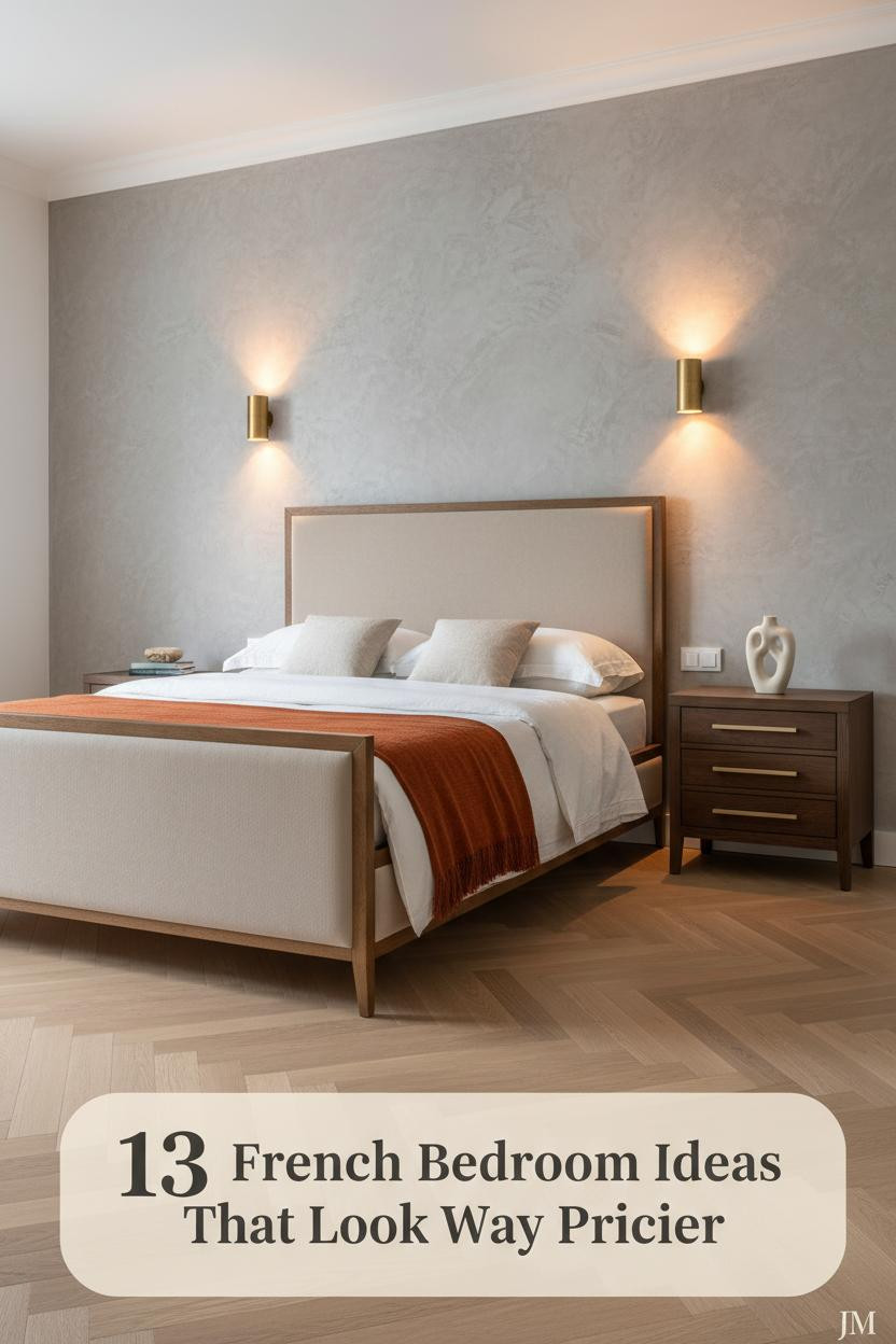 French inspired bedroom with limestone plaster walls, oak herringbone parquet, brass sconces, ivory linen bedding and burnt orange mohair throw