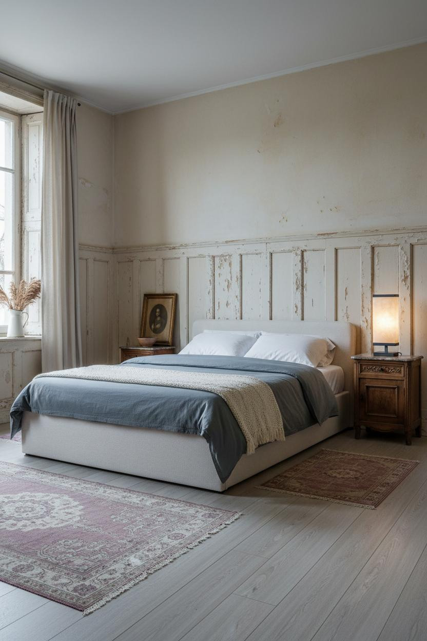 French Shabby Chic Bedroom Vintage Wainscoting