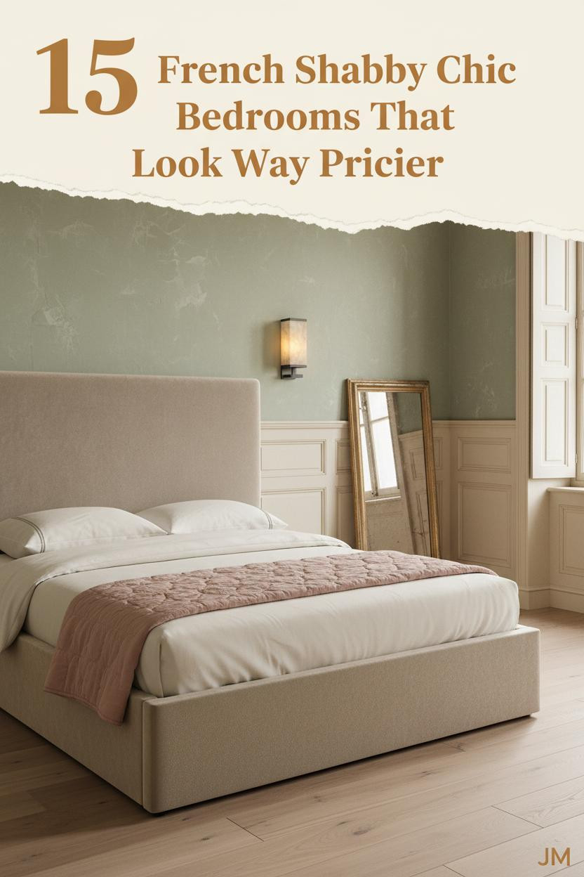 French shabby chic bedroom with sage plaster walls, ivory duvet, dusty rose throw, gilt mirror, and warm amber sconce lighting
