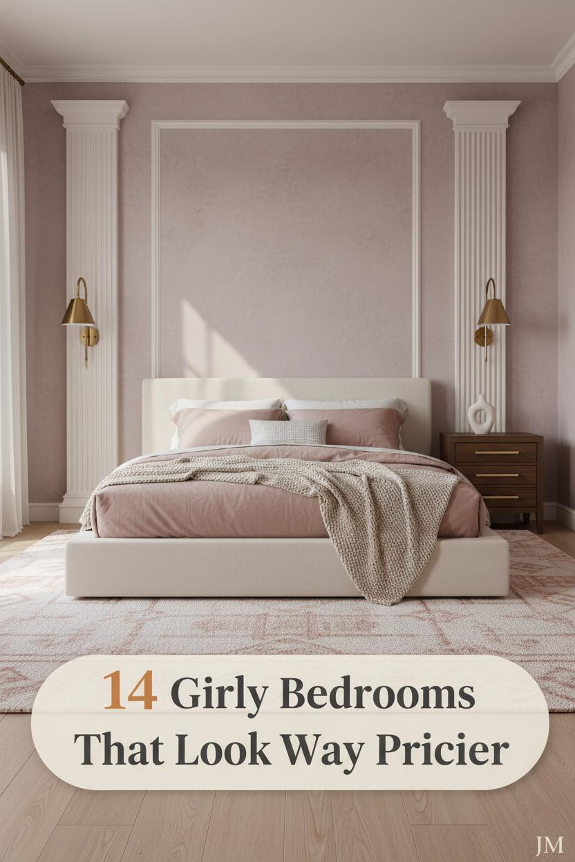 Blush pink bedroom with lilac limewash accent wall, ivory boucle bedding, dusty rose linen layers, brass sconces, and walnut nightstand with ceramic vase