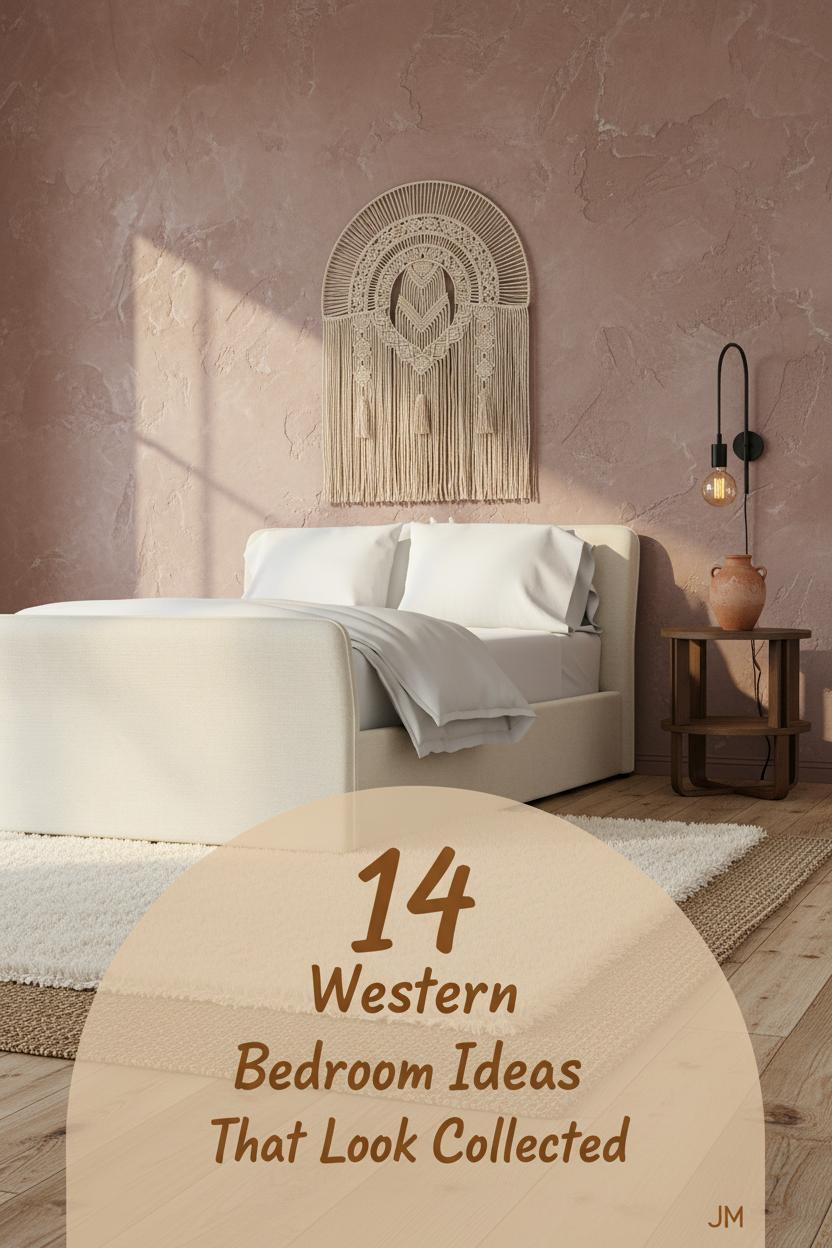 Girly western bedroom with dusty mauve limewash wall, reclaimed oak floors, cream wool rug, arched macrame, and warm amber sconce lighting