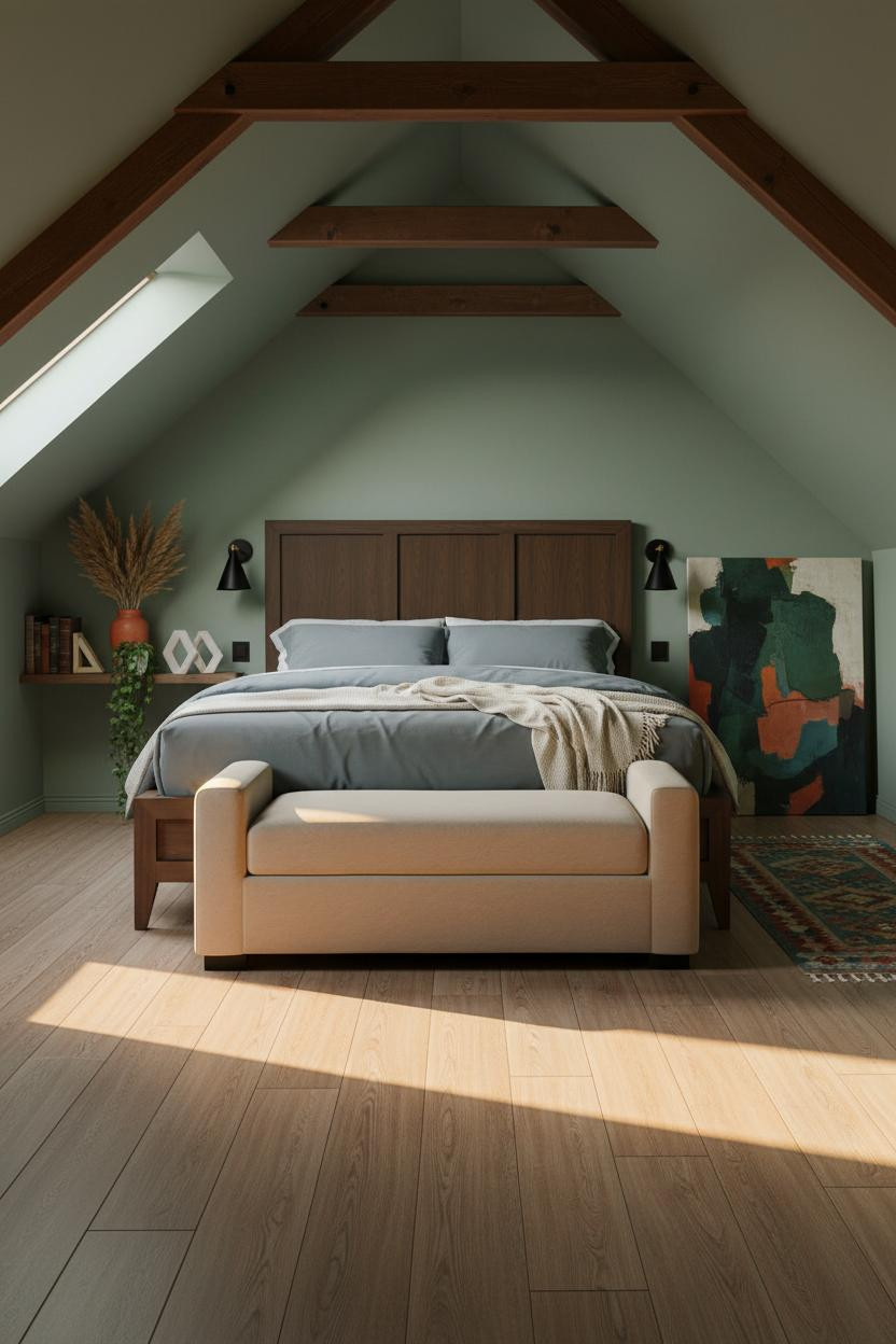 Green Neutral Attic Bedroom Walnut Beams