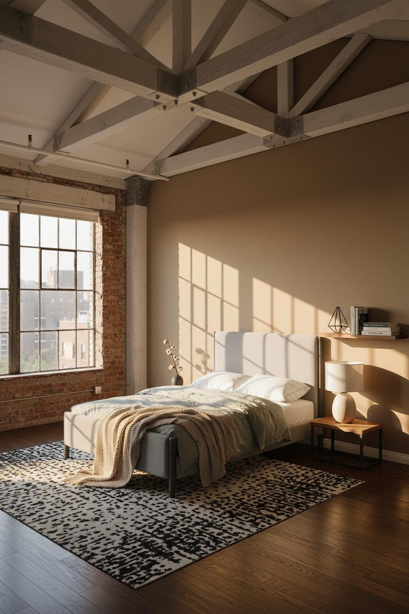 Industrial Loft Bedroom Exposed Beams Warm Light
