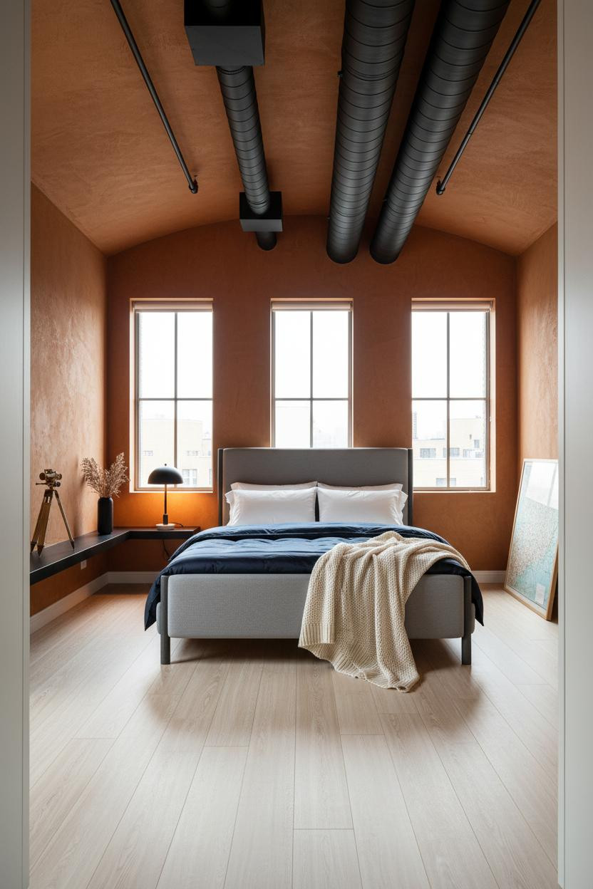 Industrial Loft Bedroom Exposed Ductwork Design