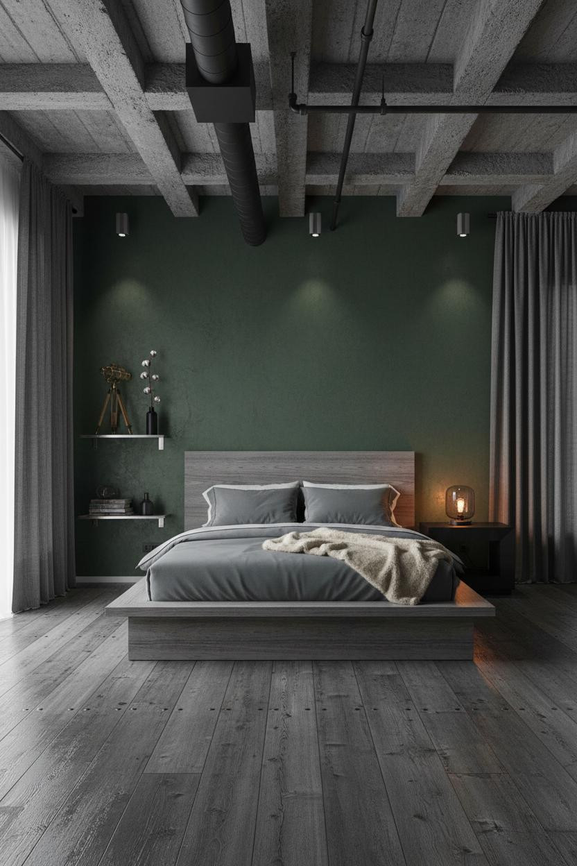 Industrial Loft Bedroom Green Walls Concrete