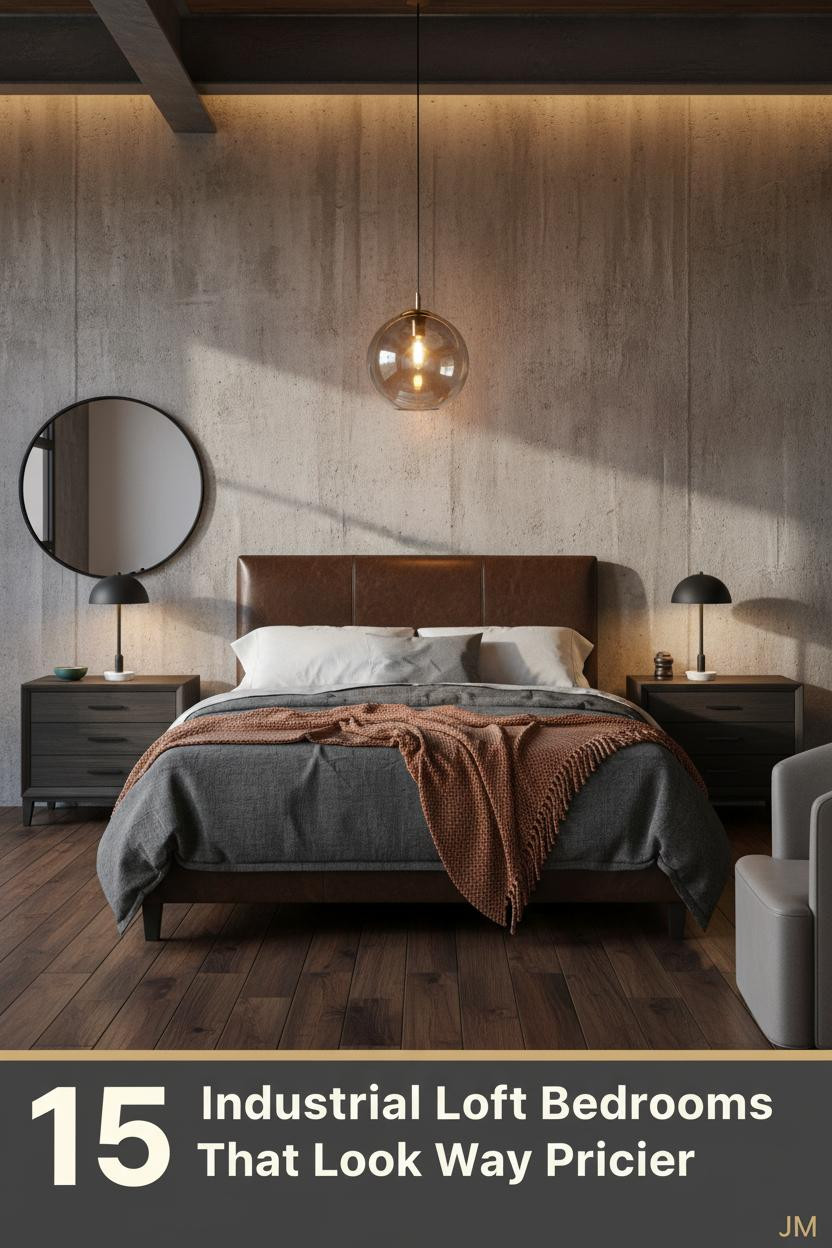 Industrial loft bedroom with concrete accent wall, steel I-beam ceiling, dark walnut floors, charcoal linen bedding, and warm amber pendant light