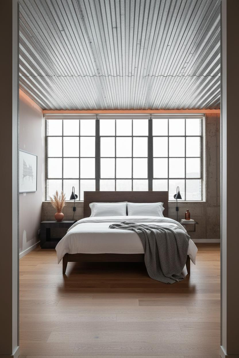Industrial Loft Bedroom Steel Ceiling Oak