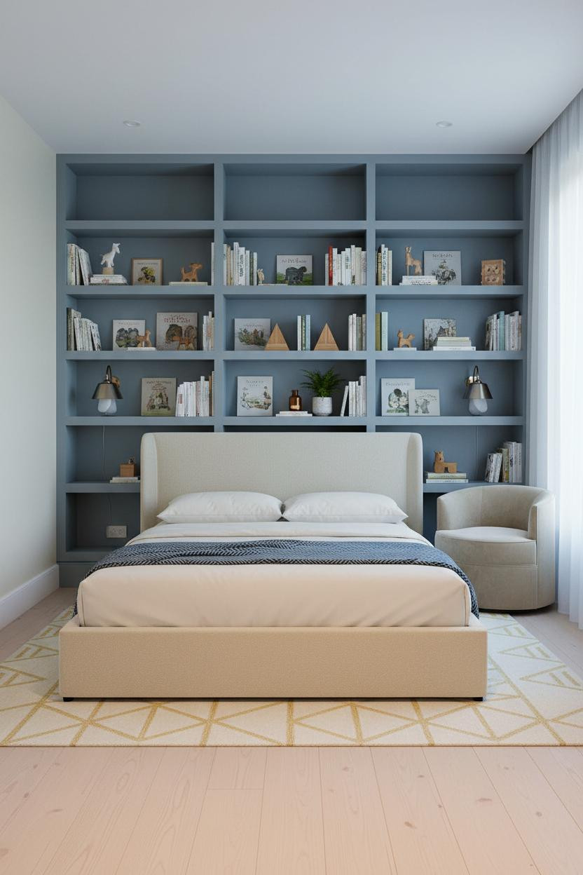 Japandi Kids Bedroom Built In Bookshelf Design
