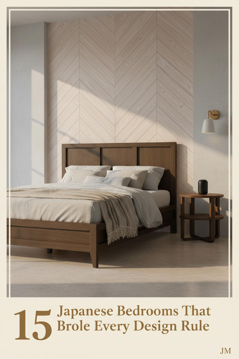 Japanese bedroom with pale ash herringbone accent wall, dove grey plaster, concrete floors, linen bedding, woven throw, and ceramic sconce lighting