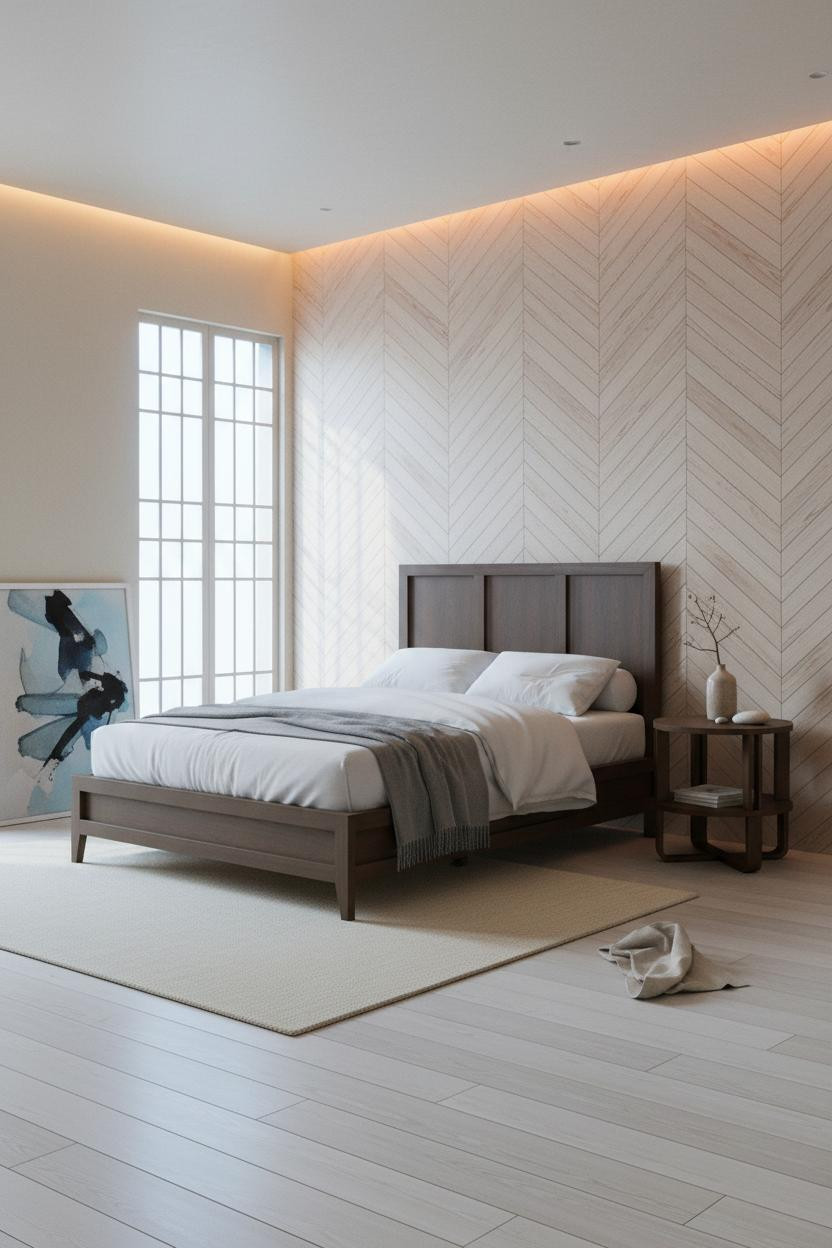 Japanese Bedroom Japandi Herringbone Wall