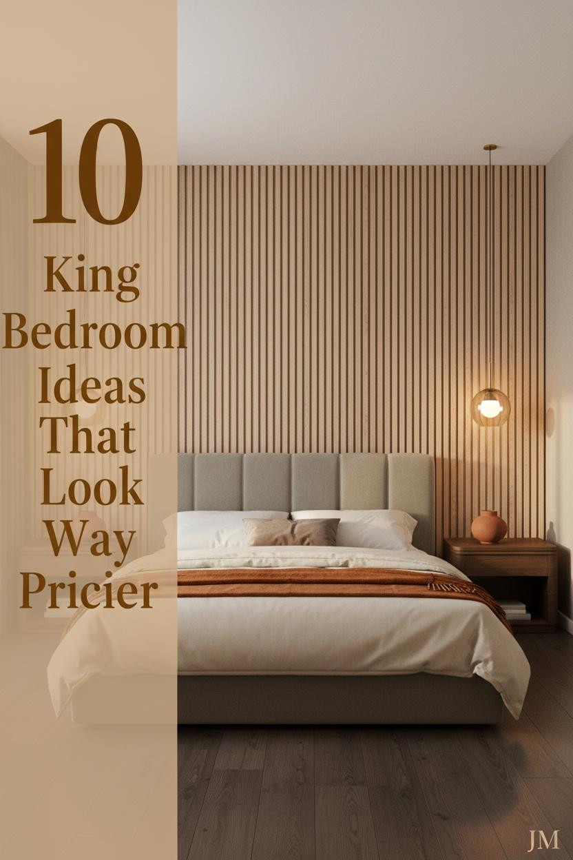 Japandi king bedroom with slatted oak headboard wall, cream percale duvet, burnt orange throw, walnut floors, and warm amber sconce lighting