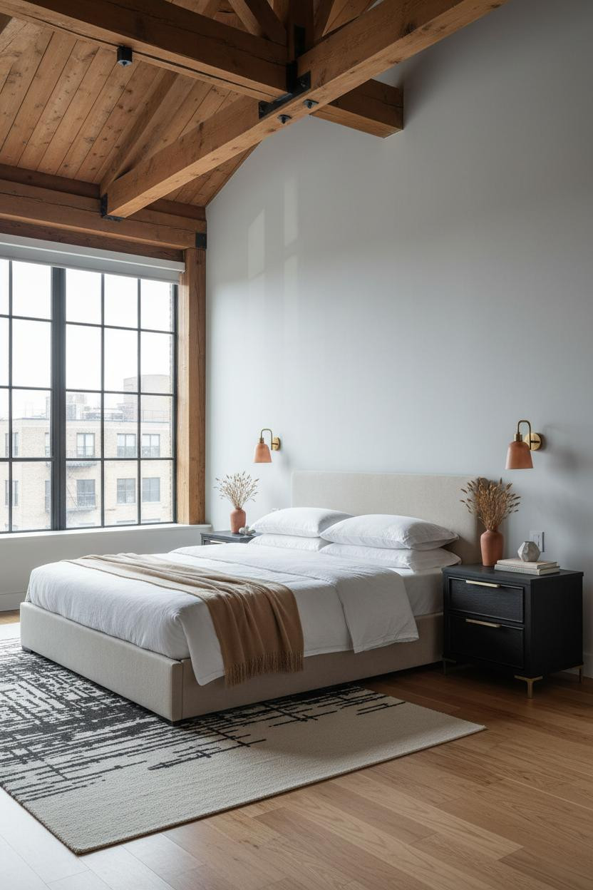 Loft Bedroom Adults Exposed Timber Industrial