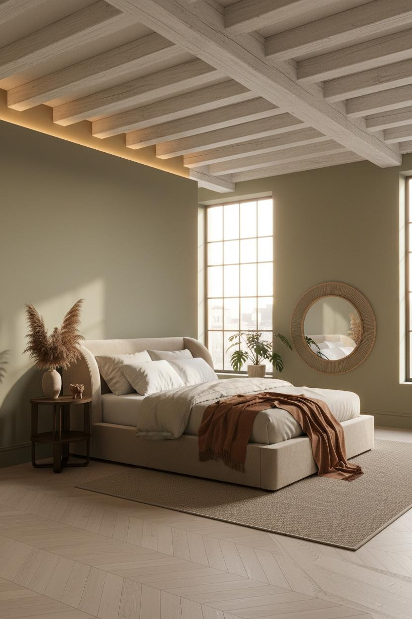 Loft Bedroom Adults Sage Walls Exposed Joists