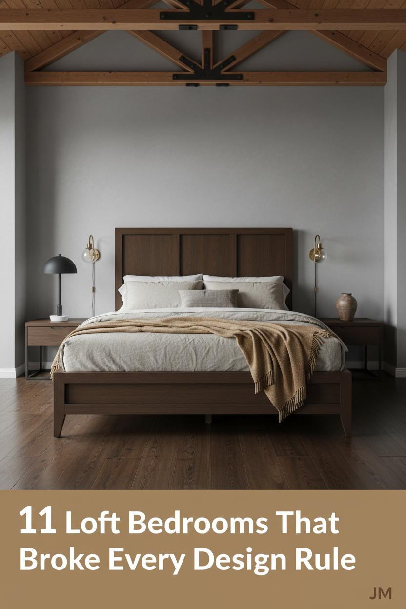 Double-height loft bedroom with Douglas fir cross-bracing, dove grey plaster walls, dark walnut floors, brass sconces, and oatmeal linen bedding