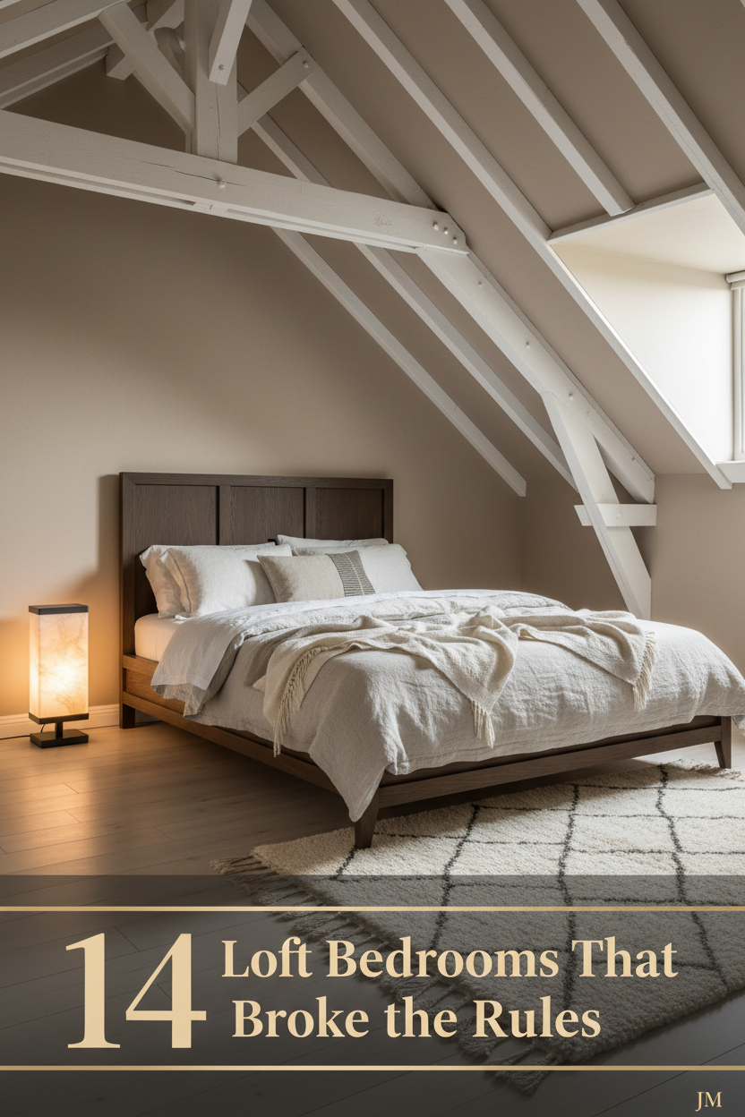 Compact loft bedroom with whitewashed timber rafters, mushroom plaster walls, pale birch floors, cream linen bedding, and warm amber lamp glow