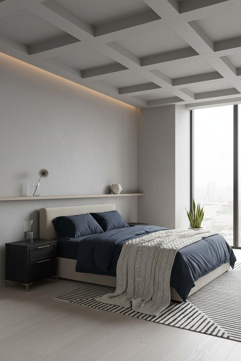 Loft Bedroom Japandi Grey Coffered Ceiling