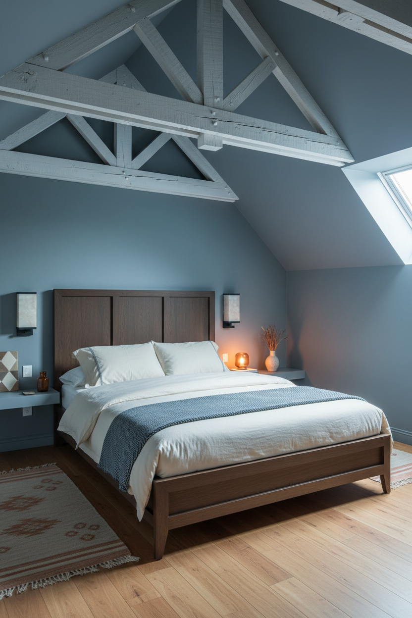 Loft Bedroom Sloped Ceiling Whitewashed Beams