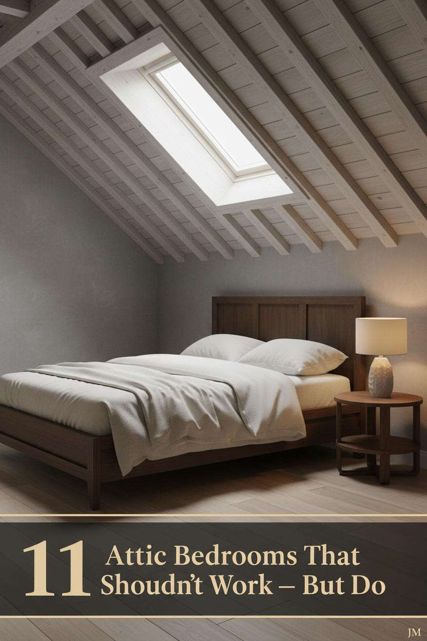 Low ceiling attic bedroom with ash timber purlins, dove grey limewash walls, pale oak floors, cream linen bedding, and warm dormer light