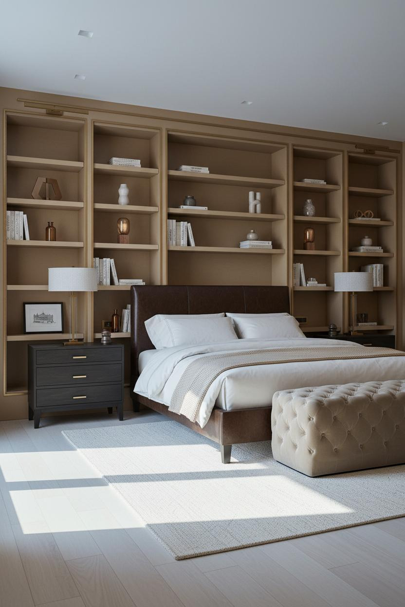 Luxury Bedroom Built In Shelving Brass Accents Modern Master Suite