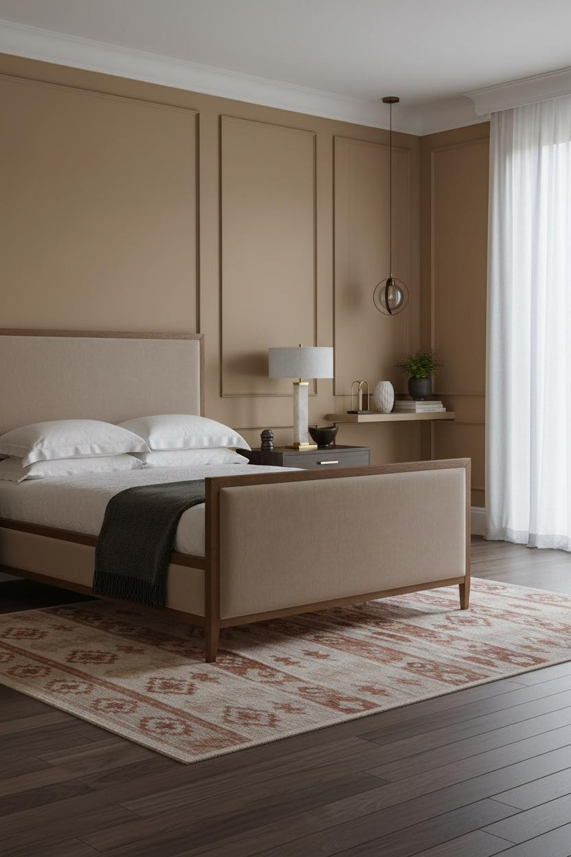 Luxury Bedroom Camel Paneling Walnut Floors Master Suite