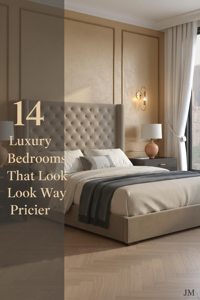Luxury master bedroom with honey plaster paneling, ivory boucle bedding, slate cashmere throw, pale oak herringbone parquet, and warm amber sconces