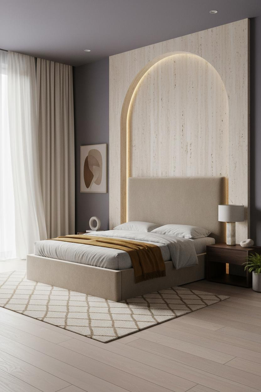 Luxury Bedroom Japandi Travertine Niche Master Suite
